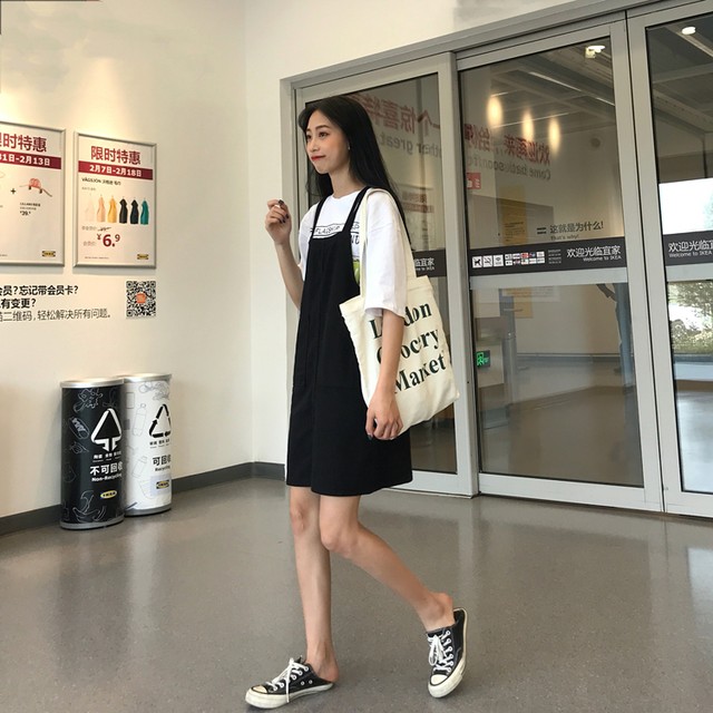 スカート デニムスカート ジャンパースカート 夏 レディース サロペット 膝上丈 ハイウエスト カジュアル おしゃれ 可愛い ガーリー 無地 ブラック カーキー Hf Haru Foo