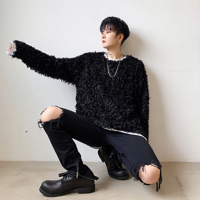 ループ オーバーニット メンズ ユニセックス 黒 ブラック ベージュ クリーム色 モード系 ビックシルエット オーバーサイズ ドロップショルダー ゆったり もこもこ ボリュームニット 長袖 ニット セーター ニットワンピ 韓国 原宿系 個性的 ストリート お支払い後日