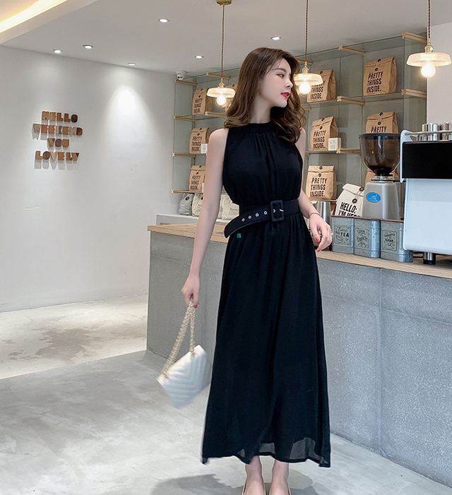 ワンピース ドレス ノースリーブ ホルターネック エレガント きれいめ ロングワンピース ウエストベルト レディースワンピース 夏 Idear