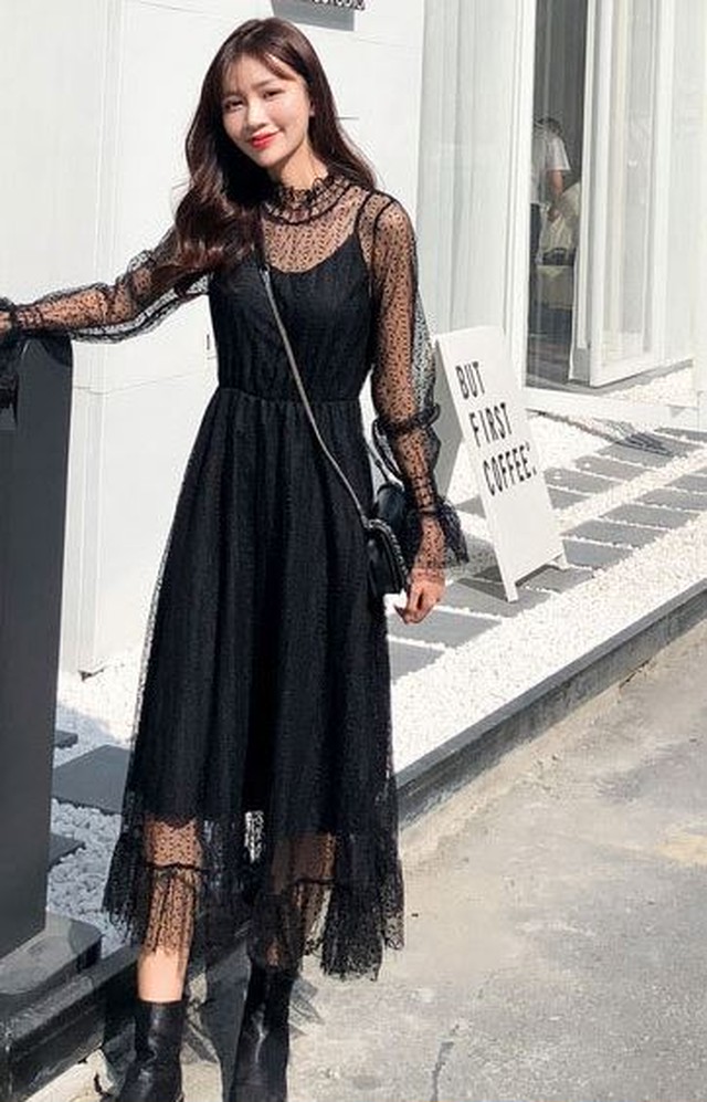シースルー チュール ワンピース ロング丈 長袖 ハイネック 夏服 秋服 韓国 ファッション Happy And Active