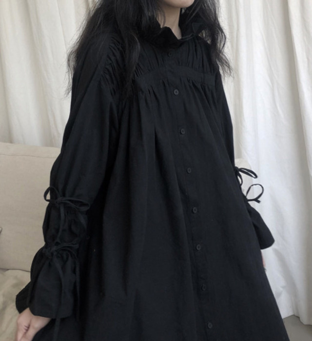 Top Mode ワンピース ロング丈 フリル フレア モード オーバーサイズ ラフ感 ゆったり カジュアル シンプル ブラック 黒 Bitter 体型カバー ルーズ チャイナ風 カンフー デザイン ヴィジュアル系 ライブ 舞台 ステージ 衣装 春物 シンプル モード系 個性派 メンズ
