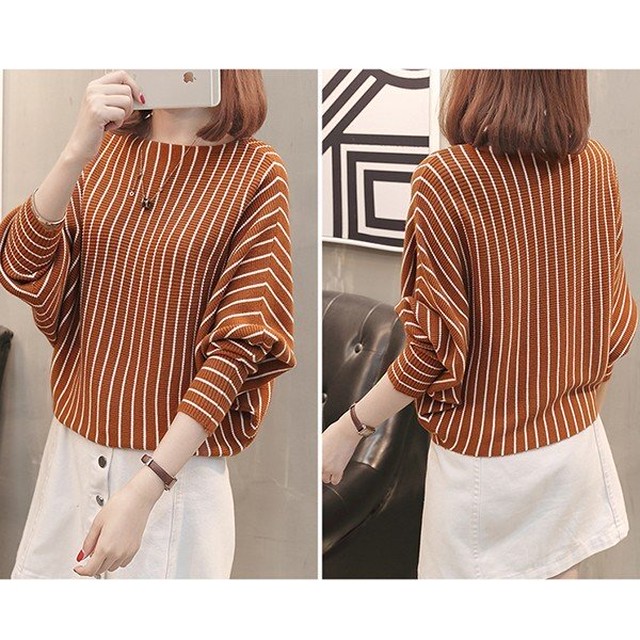 セーター ニット 長袖 ドルマンスリーブ ボートネック ボーダー 柄 レディース トップス ゆったり 女性 春 秋 薄手 柔らかい 体型カバー 1017 A B