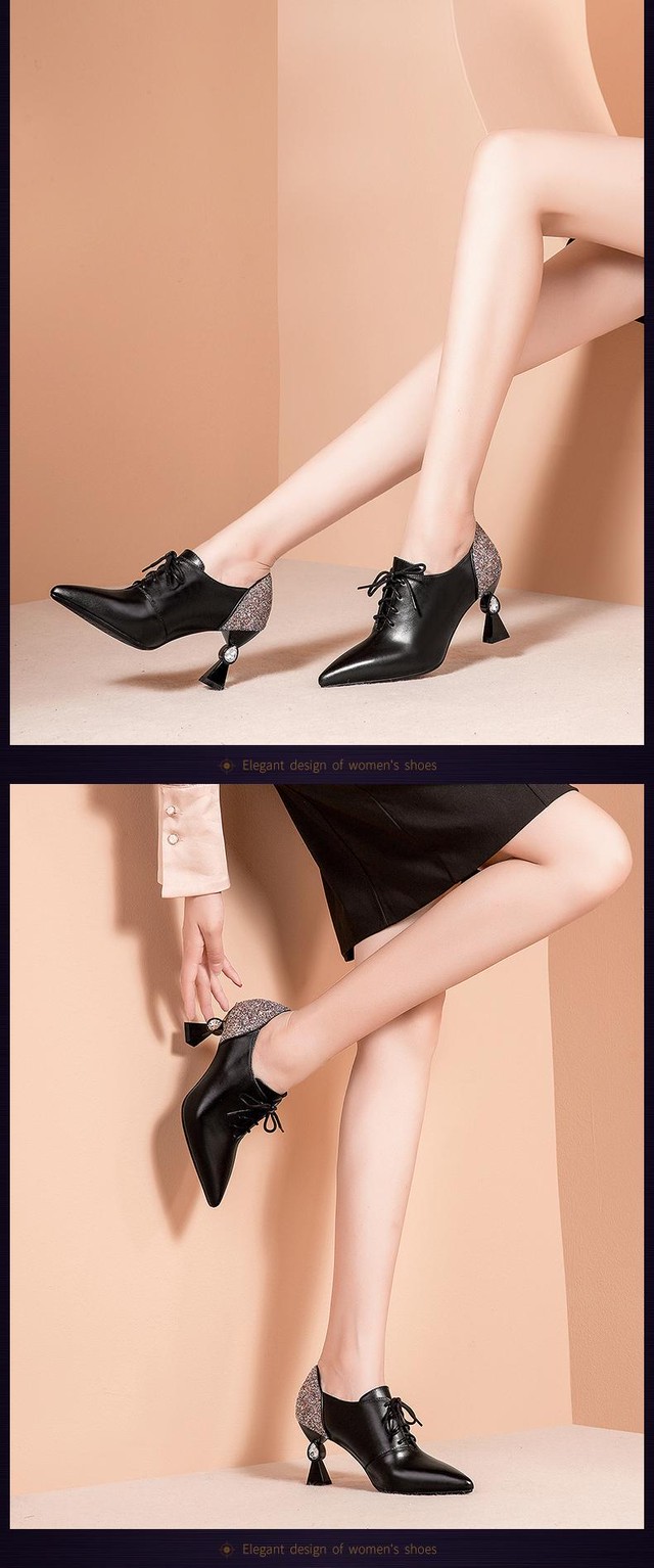 19新しいハイヒールの靴子供の革の深い口の単一の靴の女性の厚いヒール尖ったファッションレースベージュ春の女性の靴 Meife Giorni Felici ジョルニ フェリーチ