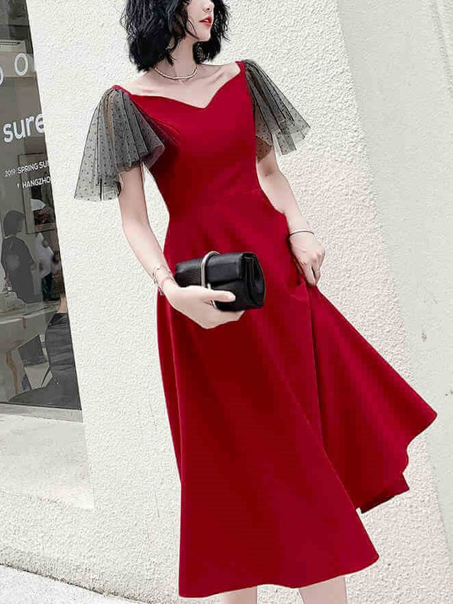 パーティードレス ワンピース レディース 40代 きれいめ 50代 代 大人 ミモレ丈 膝丈 およばれ フォーマル 上品 ウエストマーク 無地 ドット柄 演奏会 赤 Aライン 半袖 Vネック Dress Plaatje