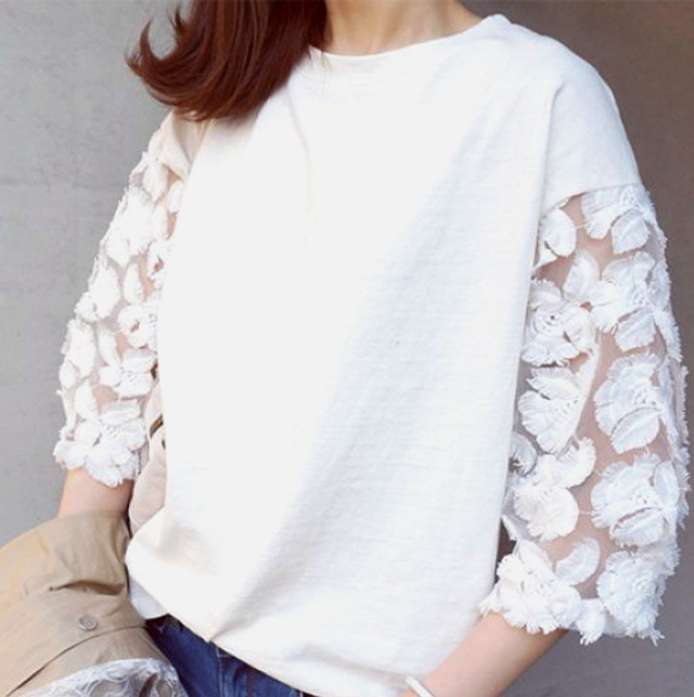 大人気 レース袖切り替えトップス トップス カットソー レディース シャツ Tシャツ レース ボリューム袖 ラグランスリーブ 七分袖 五分袖 花 フラワーモチーフ シースルー かわいい シンプル 春 夏 代 30代 送料無料 韓国レディース キッズファッション