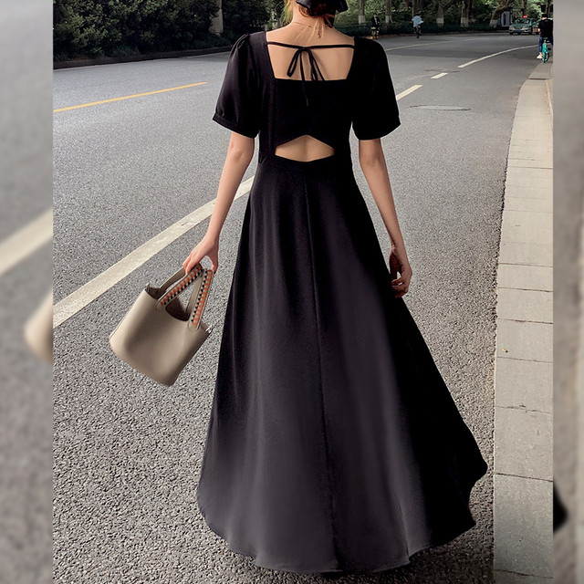 ウエストマーク ワンピース ロング 背中空きワンピース ウエストマーク 夏秋 大きいサイズ 黒 半袖 バックオープン Aライン ふんわり ボリューム袖 パフスリーブ スクエアネック 無地 バックリボン Rx1253 Raxia ラクシア