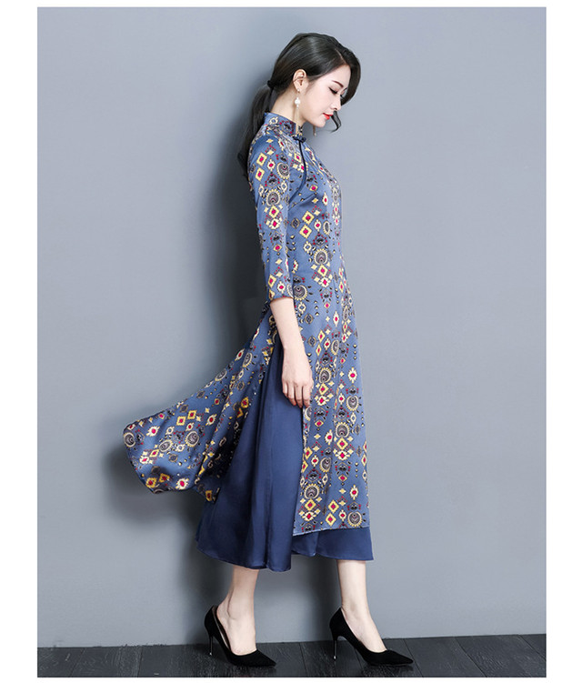 完売 ワンピース モダン 大きいサイズ M L Xl Xxlサイズ ブルー アオザイ ワンピース型 チャイナドレス カジュアル チャイナドレス セクシーチャイナ服 幾何学模様 ハロウィン 演奏会 発表会 結婚式 コスプレ ドレス 長袖 パーティクリスマス Ch15 Mondo Shop 今