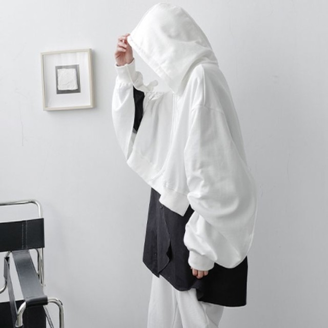 ショート丈 フーディ パーカー フード付きスウェット トレーナー スリット袖 長袖 ブラック 黒 ホワイト 白 レディース メンズ ユニセックス カジュアル 韓国 お支払い後日以内に発送 Top249 Garcons