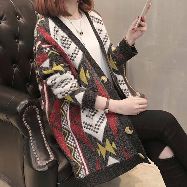 レディース 秋冬 厚手 カーディガン ニットコート 幾何柄 アウター ロング Vネック ショールカーディガン Kw0445 Brutal Beauty Fashionstore レディース ウェア オススメ コーデ 通販