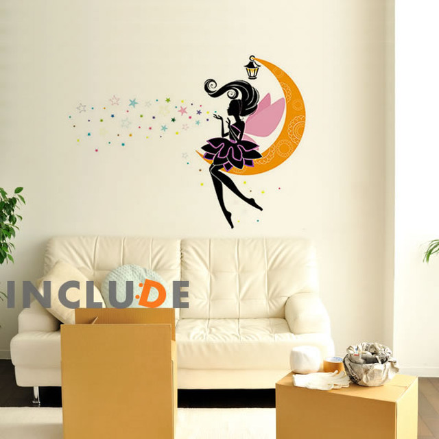 ウォールステッカー 三日月 星 月の妖精 Moon ムーン スター 月と少女 星の妖精 ファンタジー ファンシー 不思議 Kabe Kawaii