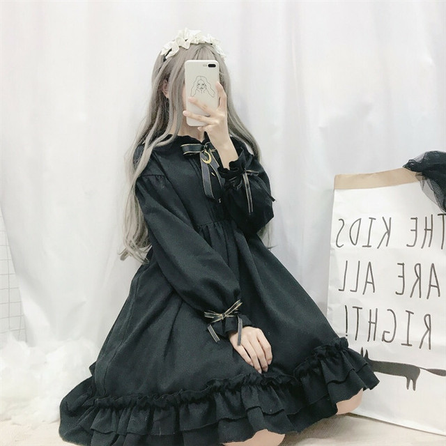 ゴスロリ ワンピース 黒 ドレス ロリータファッション 長袖 膝丈 コスプレ 魔女 可愛い フリル リボン Gl 07 Benectgoth