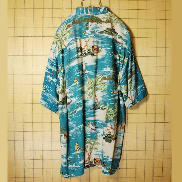 Utility 総柄 アロハ ハワイアン ボックス レーヨン シャツ ブルー メンズl 半袖 オープンカラー 開襟 海 ヤシの木 古着 0513ss76 古着屋ataco Garage