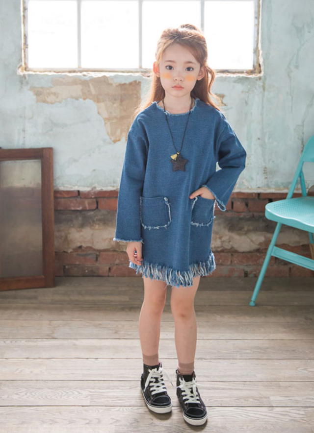 送料無料 韓国子供服 デニムフリンジワンピース ラスト130サイズ1点のみ ahouse