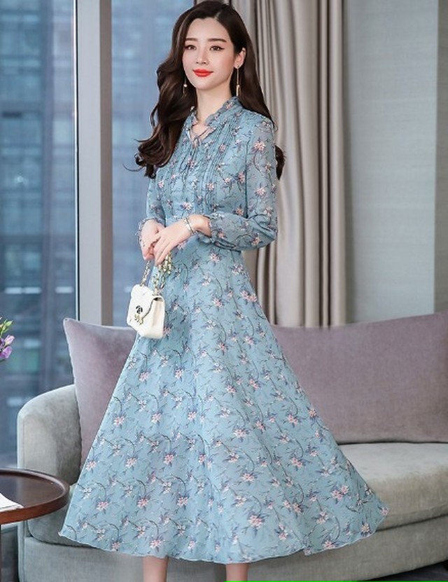 パーティードレス ワンピース 二次会 結婚式 パーティー ロングワンピース 長袖 フレア シフォン Aライン ブルー ネイビー 花柄 フリルyahauc Ms 1107 Luzly