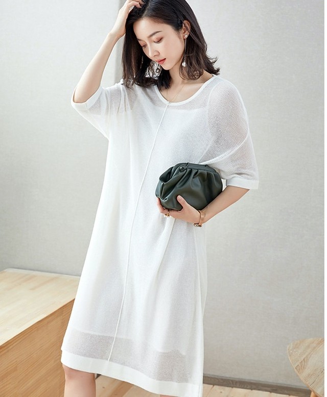 ワンピース 夏 膝丈 大きいサイズ 膝丈 5分袖 透かし編み ニット ゆったり 春夏 妊婦 体型カバー M L Xl 2l 3l 4l 5l 6l E160 Like Home