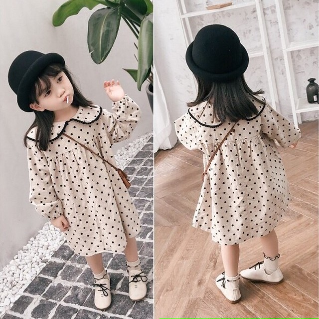 年 春 新作 秋 キッズ ドット柄 水玉 ロング ワンピース 長袖 レトロ 女の子 ブラック ホワイト 黒 Clea