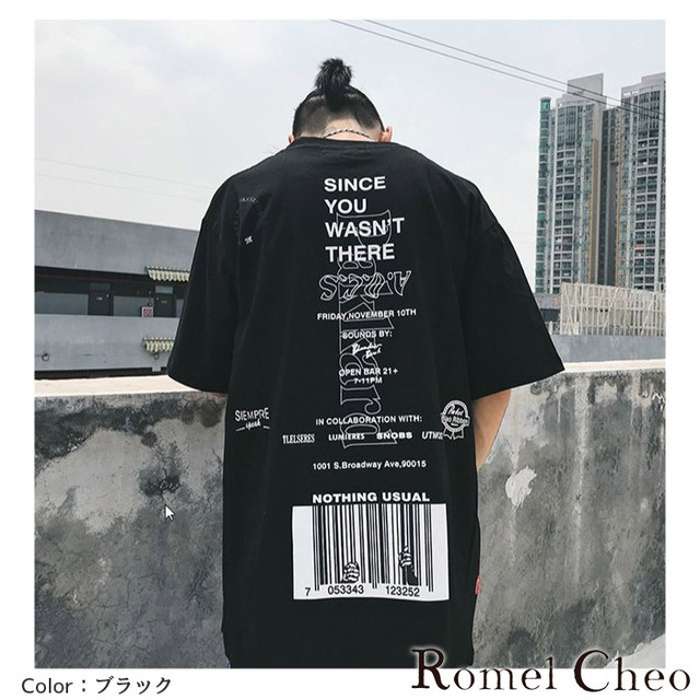 Romelcheo バーコードビッグtシャツ ストリート系 オーバーサイズ ビッグシルエット グラフィック ダボt バックプリント ヒップホップ Hiphop メンズ ロンt レディース ユニセックス 韓国系 原宿系 モード ロメルチェオ Romelcheo