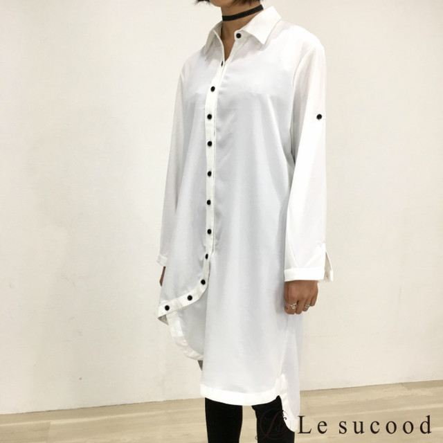Le Sucood アシンメトリー ロング シャツ モード 全二色 黒 白 ユニセックス メンズ レディース 無地 S字ボタン 大きいサイズ シャツワンピ 変形シャツ ロングスリーブ フリーサイズ コクーンシャツ ロングワンピース 変形ワンピース ルシュクード Le Sucood