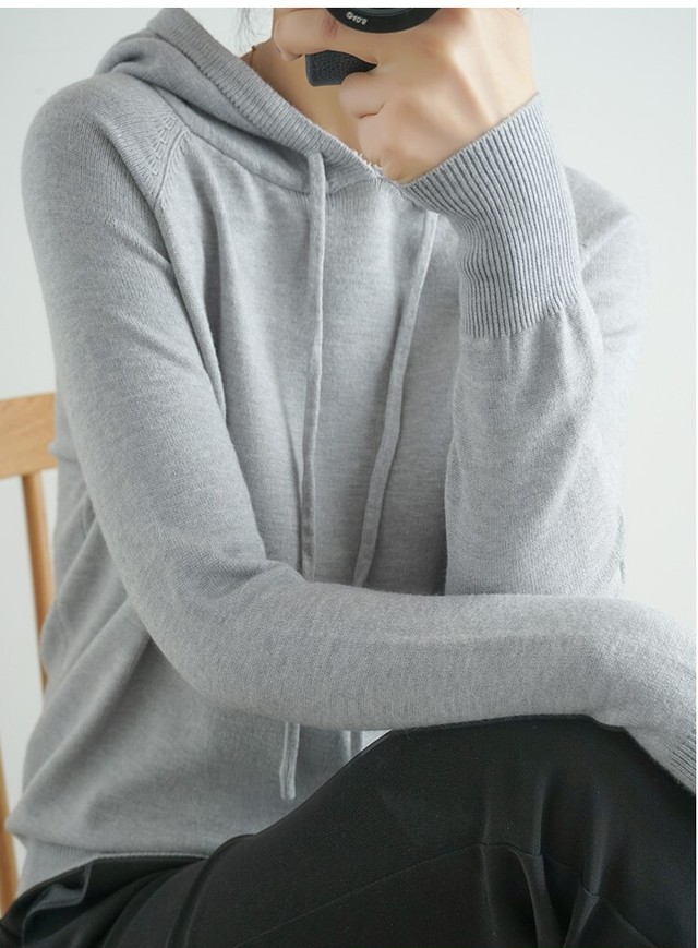 ニットパーカー プルパーカー スリム ハイゲージ フード付き かわいい きれいめ カジュアル オフィス おしゃれ 通勤 通学 おでかけ デート Crystalhk