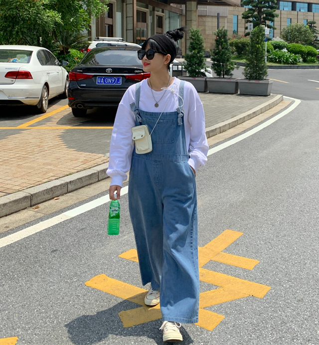 サロペット デニムサロペット オーバーオール ジーンズ ジーパン ガウチョパンツ ワイドパンツ ストレートパンツ ハイウエスト ゆったり シンプル デイリーコーデ 大きいサイズ 大人可愛い オールシーズン ウッディーベース1号店