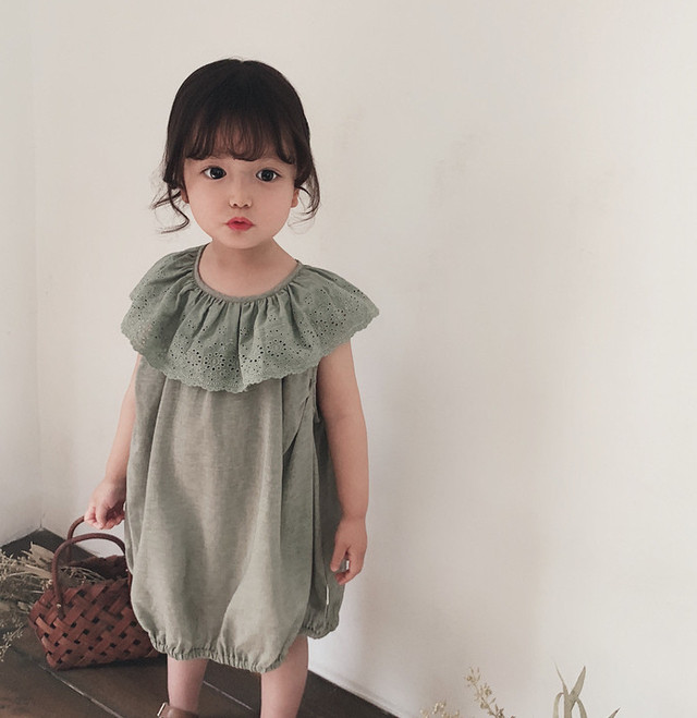 ワンピース レース アイレットレース 襟付き ノースリーブ コットン 綿 リネン 麻 ピエロ襟 女の子 子供服 子供 キッズ ガール ガーリー レトロ 春夏 春 夏 新作 人気 おすすめ かわいい おしゃれ スモーキーカラー くすみカラー 韓国 韓国子供服 プレゼント 贈り物