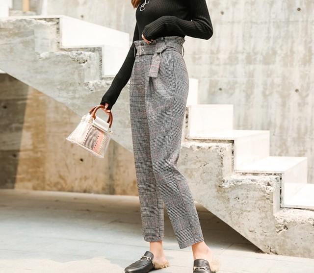 チェックパンツ レディース グレンチェック パンツ ウエストマーク 大人可愛い オトナ女子 かわいい スタイリッシュ 通勤服 ｏｌ 秋冬 チェック柄 ボトムス ウエストベルト 代 30代 40代 An Allure