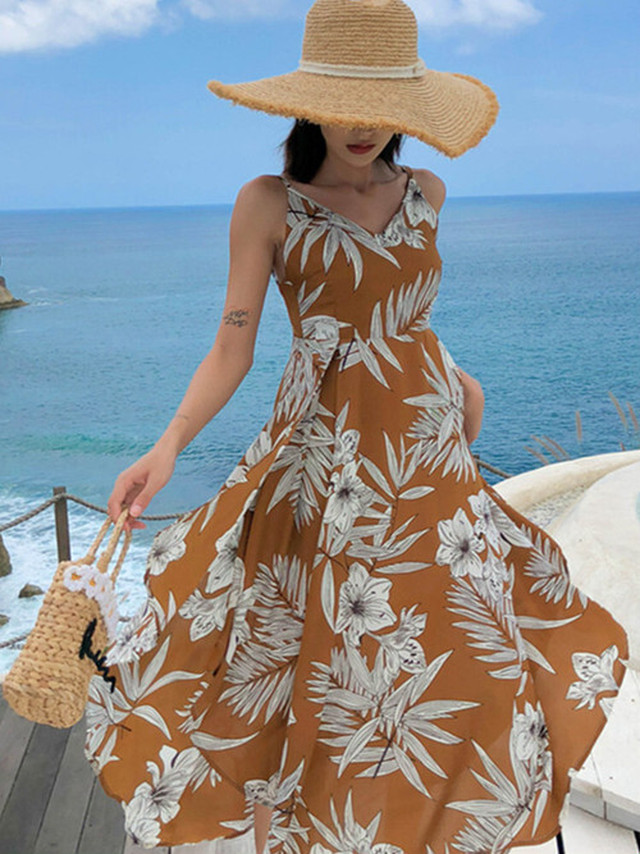 ボタニカルワンピース ボタニカル 花柄ワンピース 花柄 アースカラー ワンピース マキシ丈 ロング丈 キャメル セクシー バックコンシャス 夏 花柄 ウエストマーク リゾート ビーチ 大人 可愛い ガーリー 爽やか フェミニン デート 旅行 海 おしゃれ Ukiukionepicec