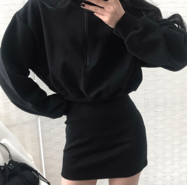 スウェット ラフワンピース 2色 プルオーバー 無地 ミニワンピ ジップアップワンピ カジュアル グレー ブラック 長袖 秋冬 Prism One プリズム ワン