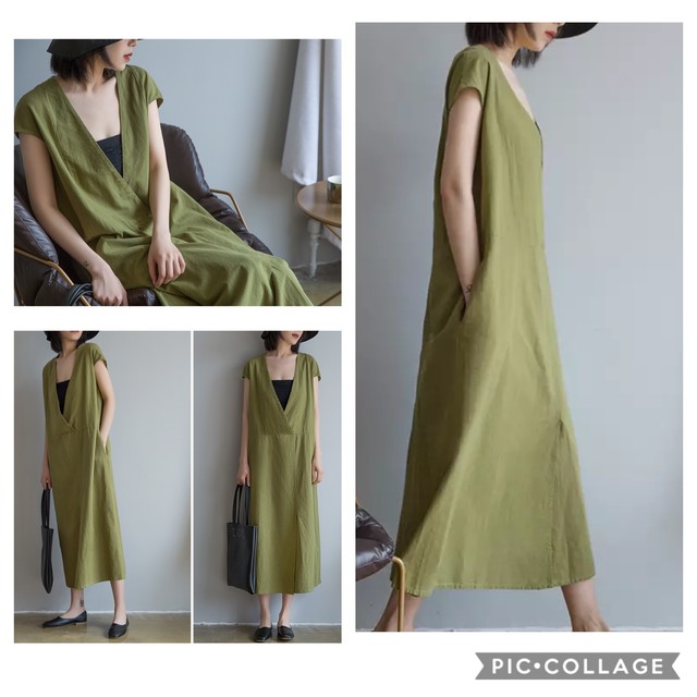 D28 新品 送料無料 レディース 春夏 綿麻 リネン ロング ワンピース スリット ナチュラル シンプル ゆったり グリーン カーキ Hihaho Company リネン コットン素材のゆったりとしたレディースウェアのお店