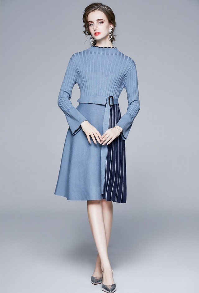 ワンピース ニットワンピース レディース ワンピース プリーツワンピース 長袖 リブニット 無地 秋冬 きれいめ 膝丈ワンピース 長袖 ブルー キャメル 30代 40代 アラサー アラフォー At852 Sunny Place
