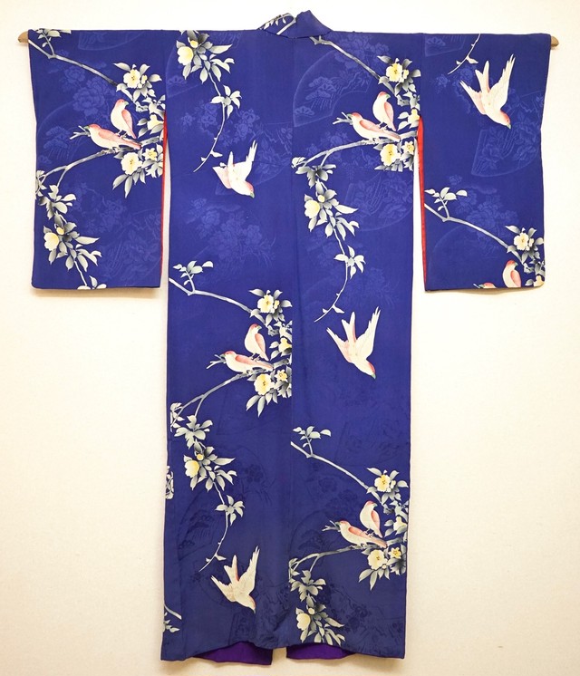 アンティーク着物 青の綸子地に友禅染 鳥と椿 正絹 昭和レトロ 大正ロマン Antique Kimono Antique John アンティーク ジョン