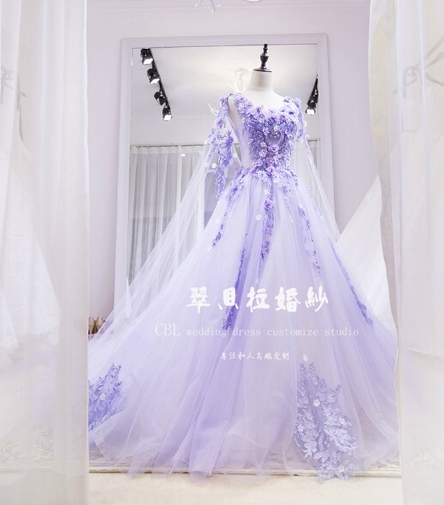 上品 カラードレス パープル 紫 ロングトレーン 人気上昇 エレガント 細見えシルエット Cinderelladress