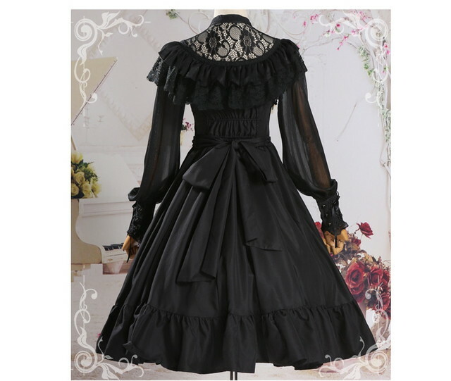 ゴスロリ ワンピース 袖コン ロング丈 レース フリル バックリボン 甘ロリ ロココ調 病み可愛い ゴシック ロリータ 天使と悪魔 サブカル系ファッション Seasonz