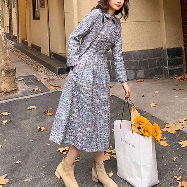 ツイード ワンピース チェック柄 Aライン フロントボタン ロング丈 マキシ丈 おしゃれ 大人可愛い ガーリー レトロ エレガントフェニミン 上品 フォーマル 可愛い デート 女子会 春 レディース Like Fashion プラス