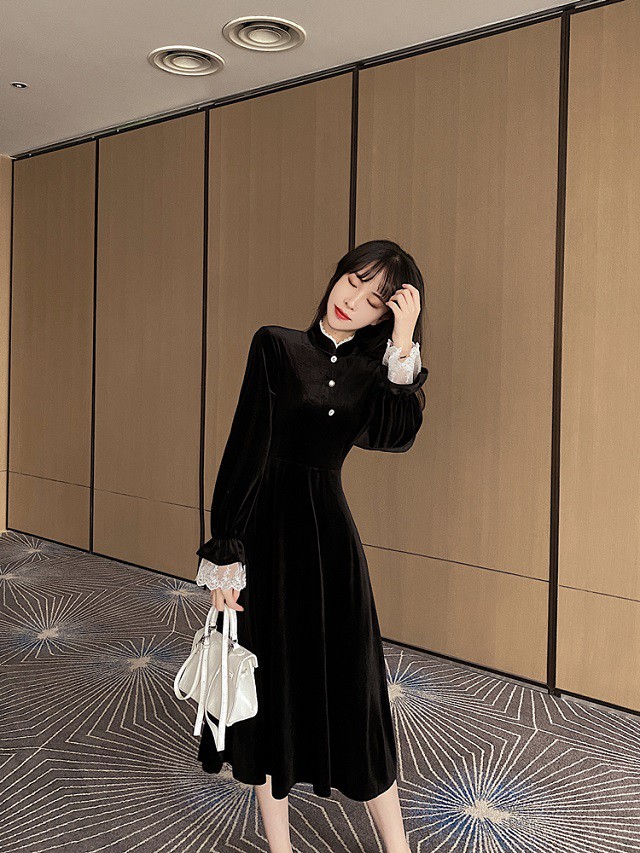 ロングワンピース シンプル 無地 チャイナドレス ベロア ベルベット バックジッパー 大きいサイズ 送料無料 レトロ 裾レース パフスリーブ 大人 パーティー Ys04 Fashion Mille