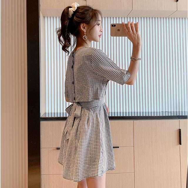 韓国ファッションチェック柄シンプルスリムカジュアル ワンピース 75shops