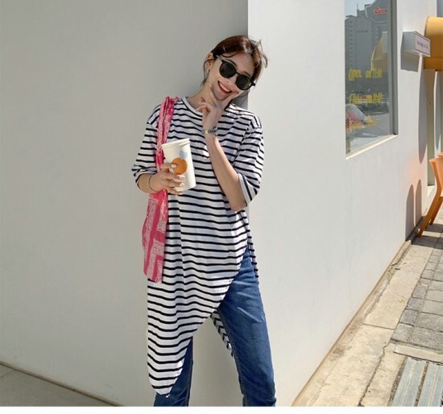 日本未入荷 入手困難 韓国 ファッション レディース 夏 アシメントリートップス レディースtシャツ ボーダー柄 ロング丈 オシャレコーデ 可愛い カジュアルス アウトレット送料無料 Farmerscentre Com Ng