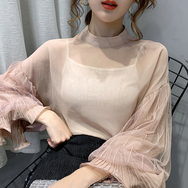 バルーン袖 シースルーブラウス プルオーバー レディース レース トップス ブラウス フェミニン デート 白 黒 アプリコット ネイビー 春夏 Prism One プリズム ワン