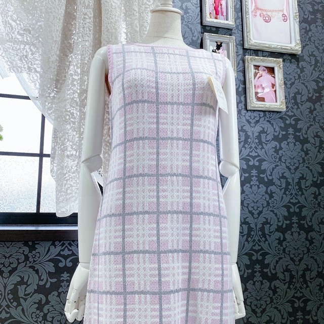 ヴィンテージワンピース 日本製ピンクチェックニットワンピース デッドストック Jvintage ジェイヴィンテージ