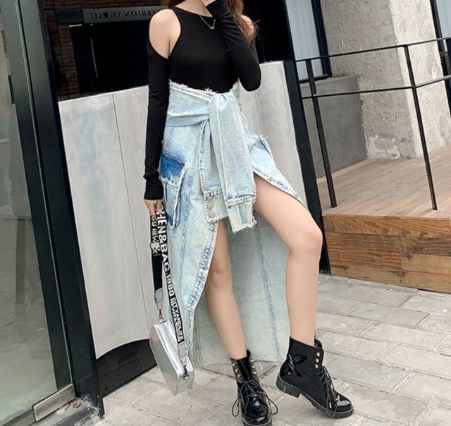 リメイクデニム ハイウエストスカート デニムスカート フロントスリット Aラインスカート ストリート カジュアル スタイリッシュ 韓国 オルチャン 韓国ファッション 新作 春夏 春 夏 Om 477 Musubi Me 韓国 オルチャン レディースファッションのお店