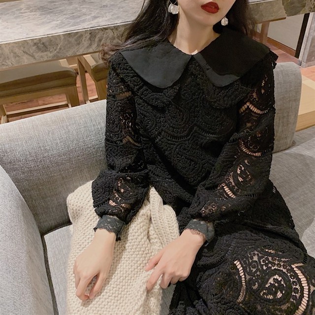 ワンピース 大人 マーメイドワンピース ミモレ丈 ミディ レース 長袖 ブラック 黒 ホワイト 白 セーラーカラー シースルー フェミニン シンプル きれいめ 秋 春 Evergreen