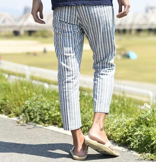 21 夏 新作 高品質 綿 麻 ストライプ イージー リラクシング スラックス アンクル パンツ メンズ リゾート 柄 丈 カジュアル サーフ Surf 海外 ファッション 海 ビーチ コーデ Old Rookie