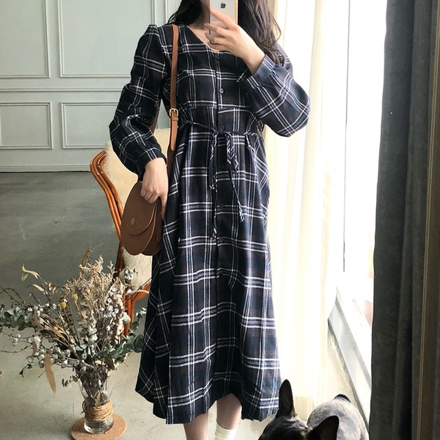 冬新商品 羽織やガウンにも チェック柄ワンピース 前開き 森ガール ナチュラル ひざ丈 通勤通学 ｏｌ デート シンプル ガーリー 送料無料 韓国レディース キッズファッション Londonbridge ロンドンブリッジ