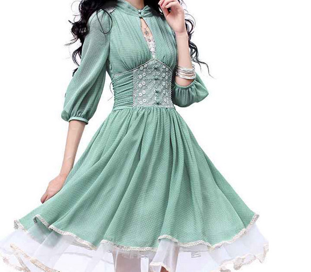 Top Mode ワンピース レディース 春夏 ワンピ ミモレ丈 シフォン フレアワンピース クラシック 五分袖 ミディアム ハイウエスト グリーン 緑 Sweet Rmd630 Top Mode