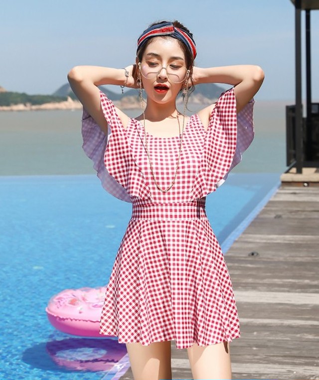 水着 ワンピース水着 ビスチェ水着 オフショル水着 肩出し 肩見せ ショートパンツ オールインワン フレア チェック ギンガムチェック 格 Ptngt0158 ワンピ水着専門店 Blue Beach