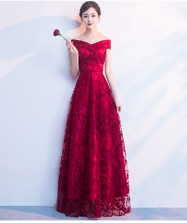 カラードレス ワインレッド ワンピース オフショルダー 編み上げ 花柄のモチーフ刺繍が美しく Ynswedding23
