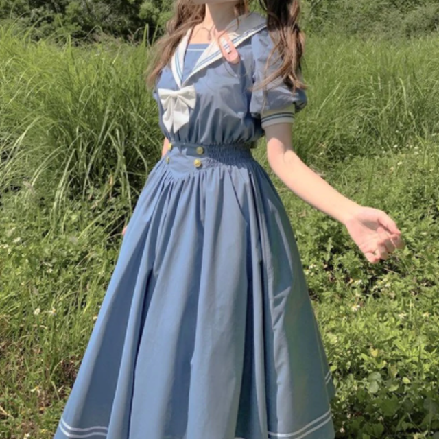 ロリータ ワンピース セーラー服風 青 リボン付き 夏 ゴスロリ 半袖 ドレス ブルー Cinderella Story