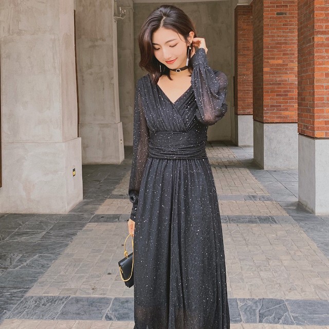 全4色 レディース ワンピース 結婚式 パーティー ドレス カシュクール シフォン ワンピ 背中開き 長袖 ラメ シースルー ピンクパープル グレー ブラック レッド S M L Xl Favoriteselect