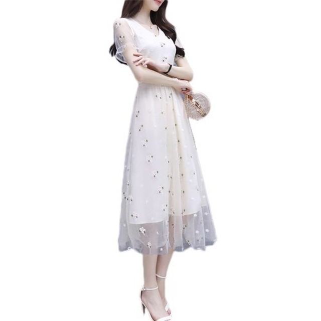 ワンピース レディース ドレス フレア 花柄 シースルー 透け感 エレガント ハイウエスト Vネック おしゃれ かわいい 清楚 上品 ミディアム 体型カバー レトロ クラシカル 10代 代 30代 お出かけ デート 女子会 ランチ お呼ばれ 結婚式 パーティー イベント 全2色