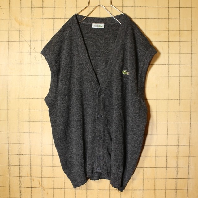 80s フランス製 フレンチ ラコステ Lacoste 前開き ウール ニット ベスト Vネック グレー メンズl相当 ヨーロッパ古着 ss27 古着屋ataco Garage